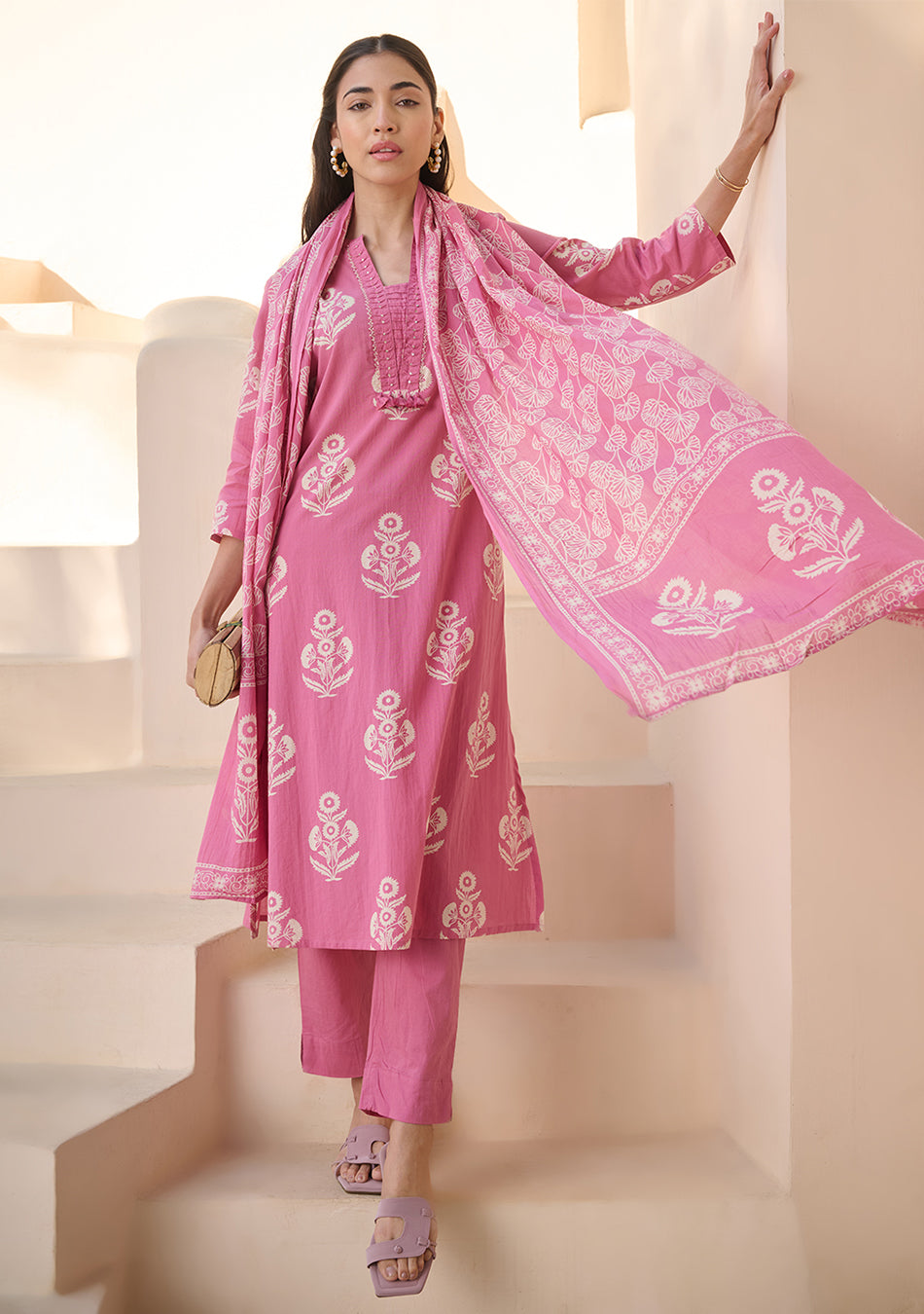 Rose Printed Suit Set with Dupatta