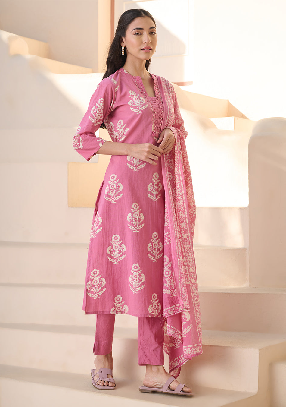 Rose Printed Suit Set with Dupatta