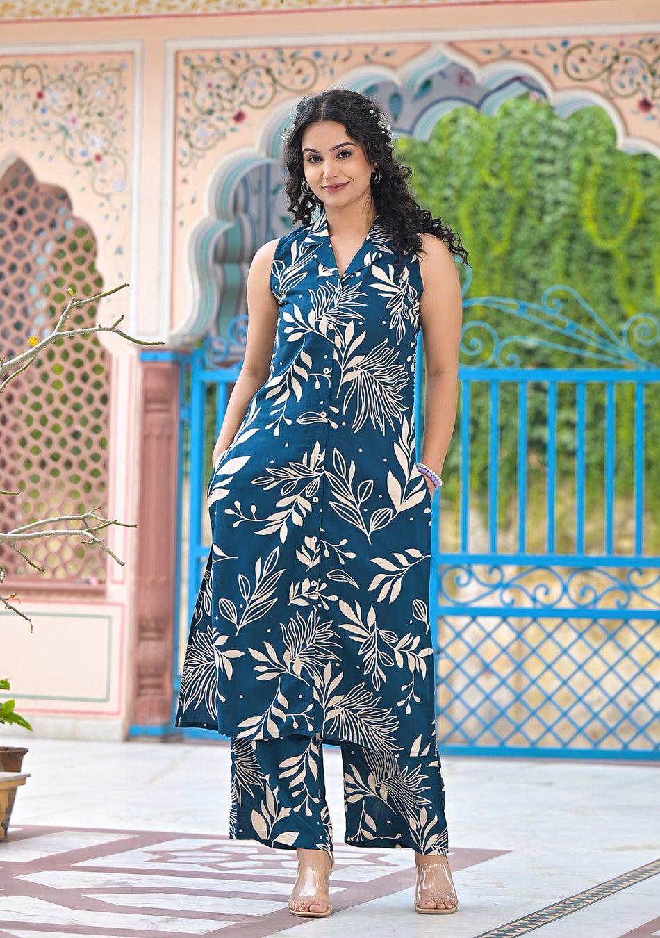 Teal Botanical A-LINE Kurta Set