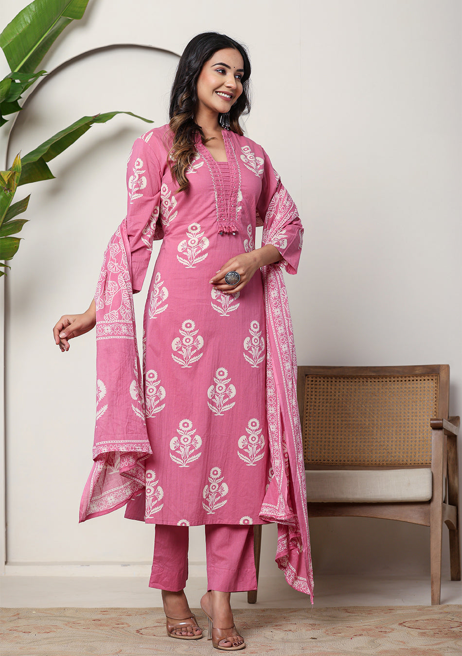 Rose Printed Suit Set with Dupatta