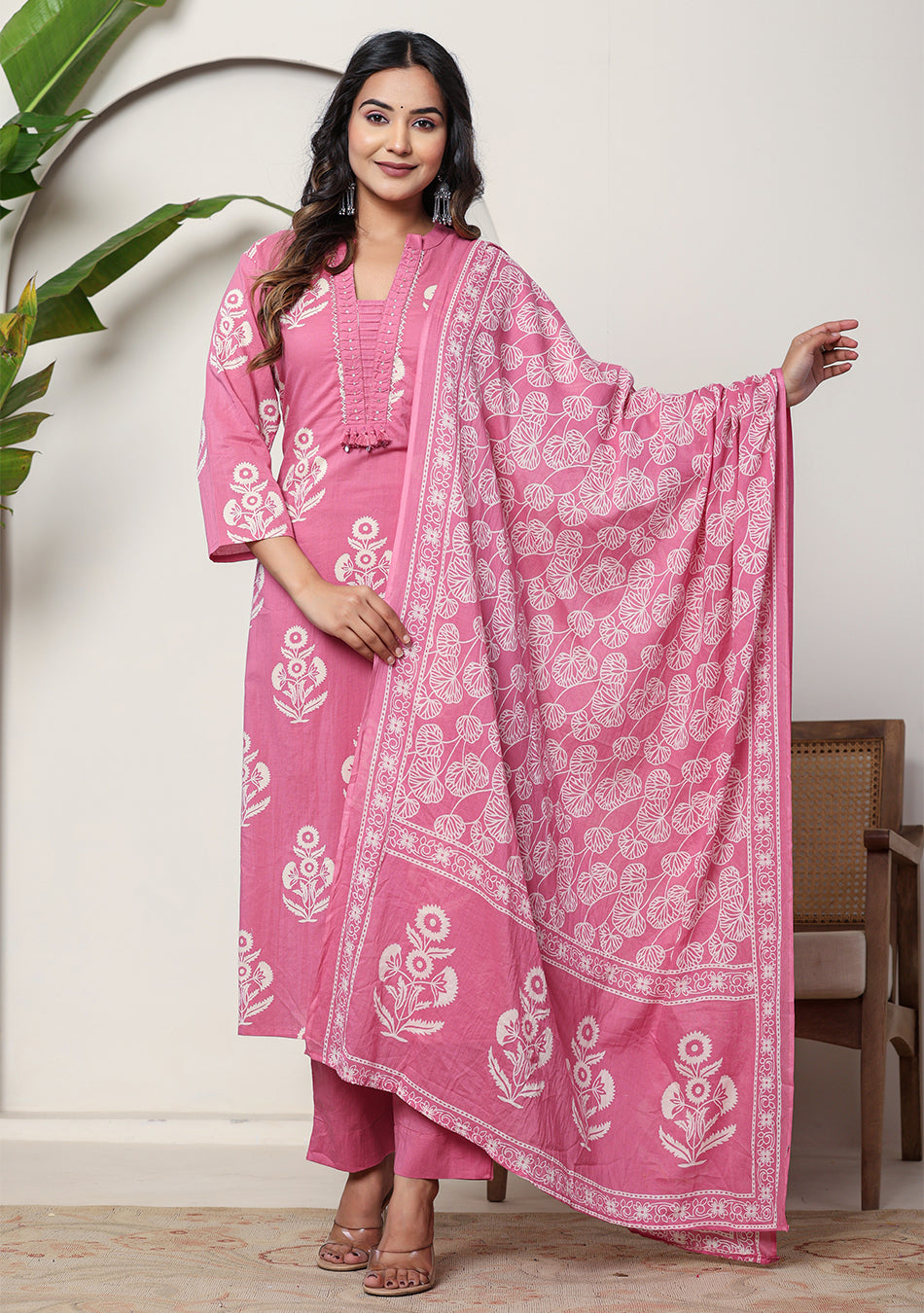 Rose Printed Suit Set with Dupatta