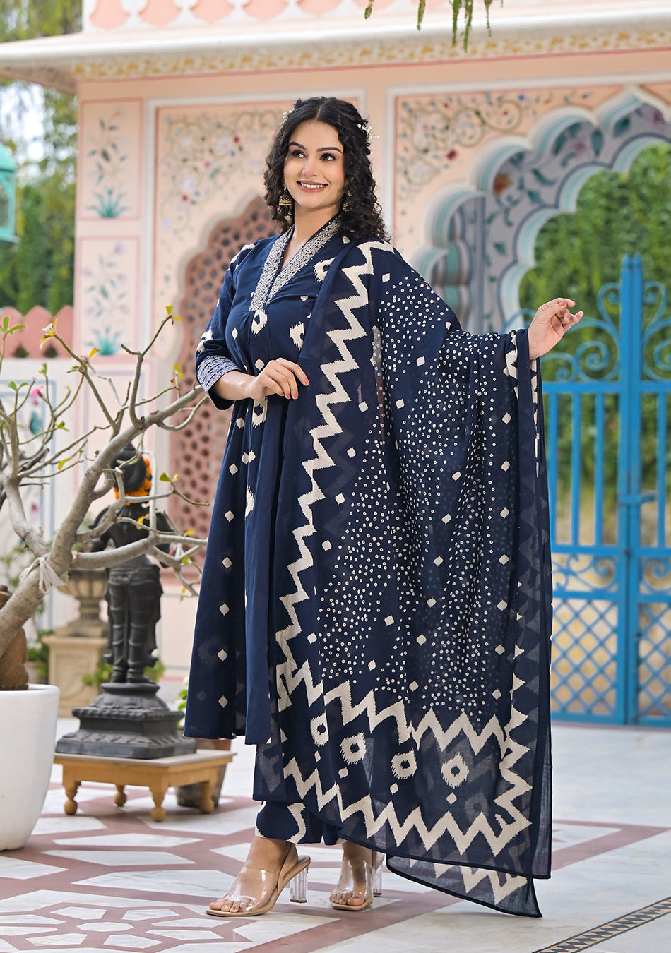 Blue Ikkat Kurta Pant Set with Dupatta