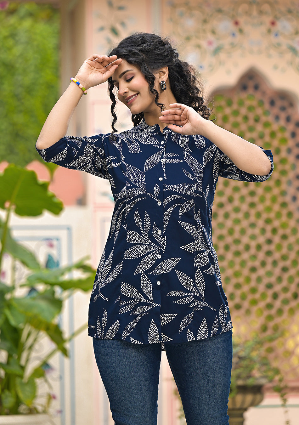 Navy Leafy Shirt Style Top