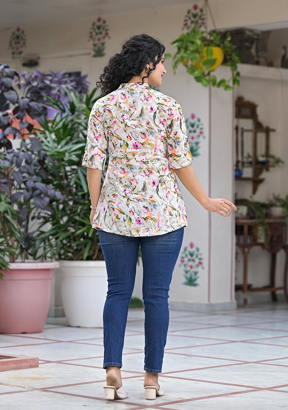 Multi Floral Rayon Shirt Style A-Line Top