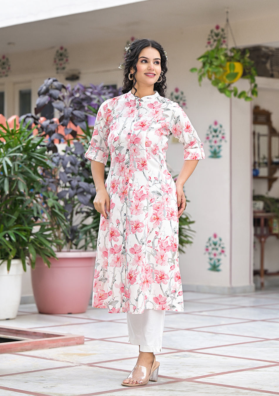 Ivory Floral Printed Kurta