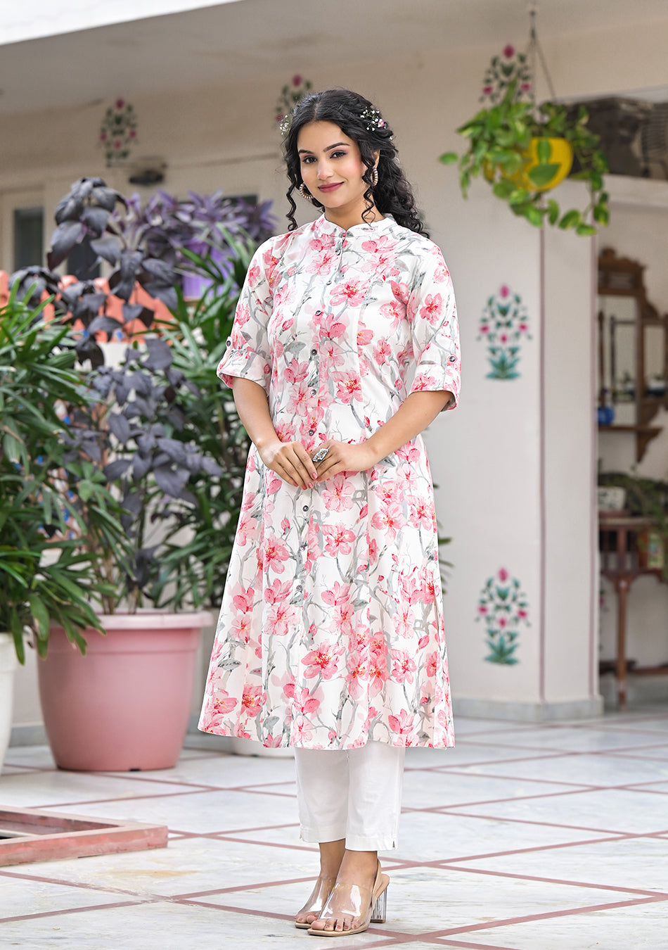 Ivory Floral Printed Kurta