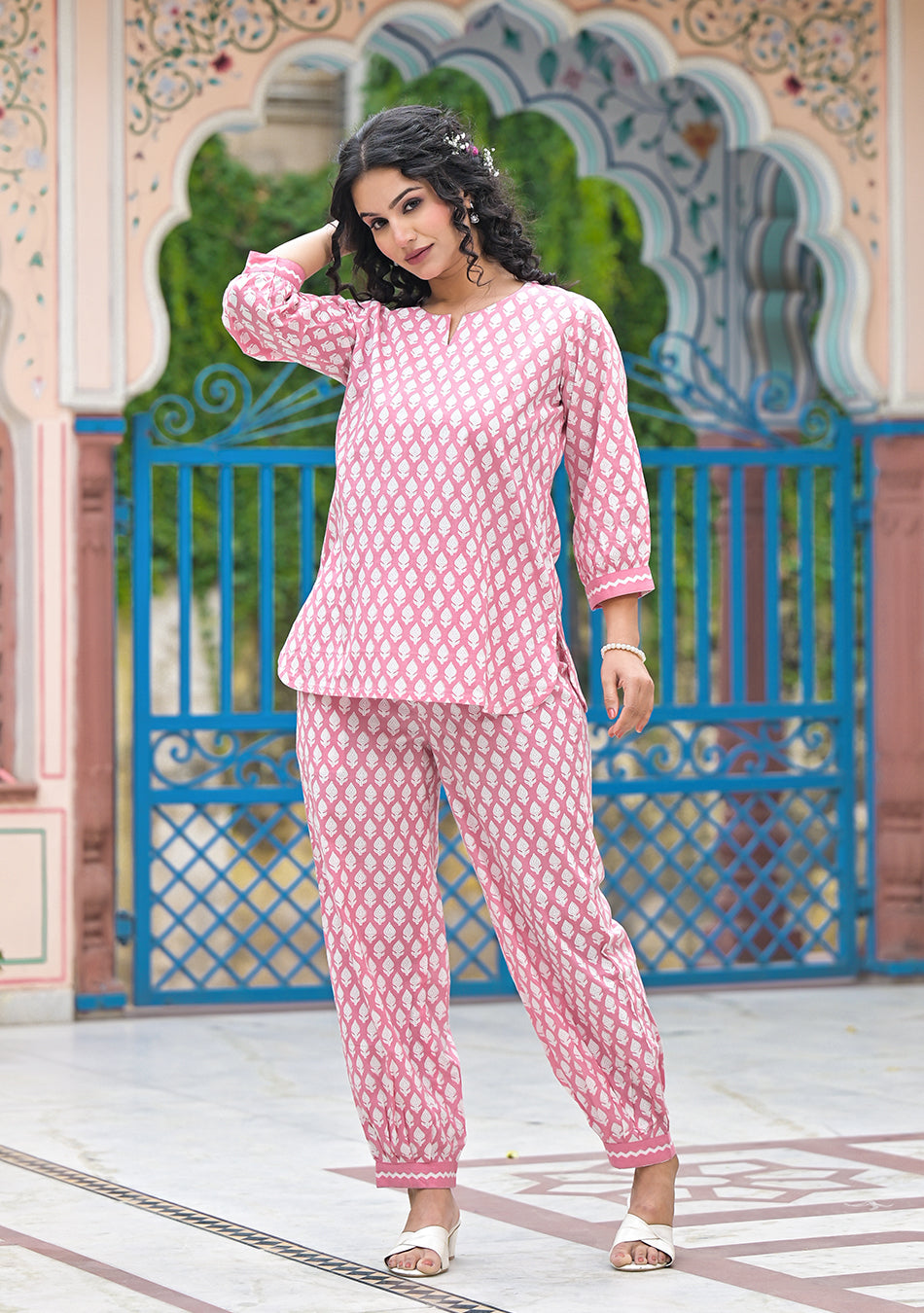 Pink Khadi Print Night Wear/Lounge Wear