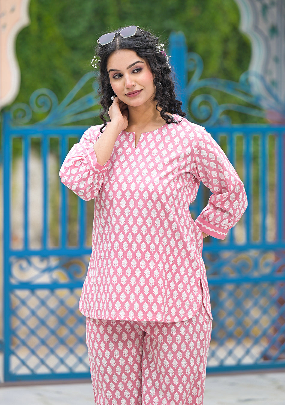 Pink Khadi Print Night Wear/Lounge Wear