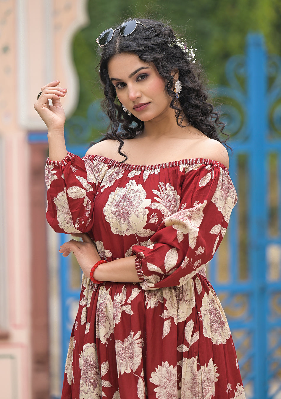 Crimson Bloom Off Shoulder Dress