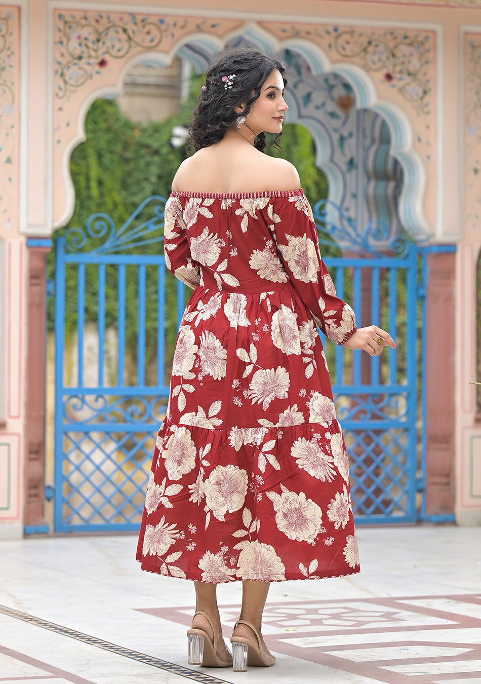 Crimson Bloom Off Shoulder Dress