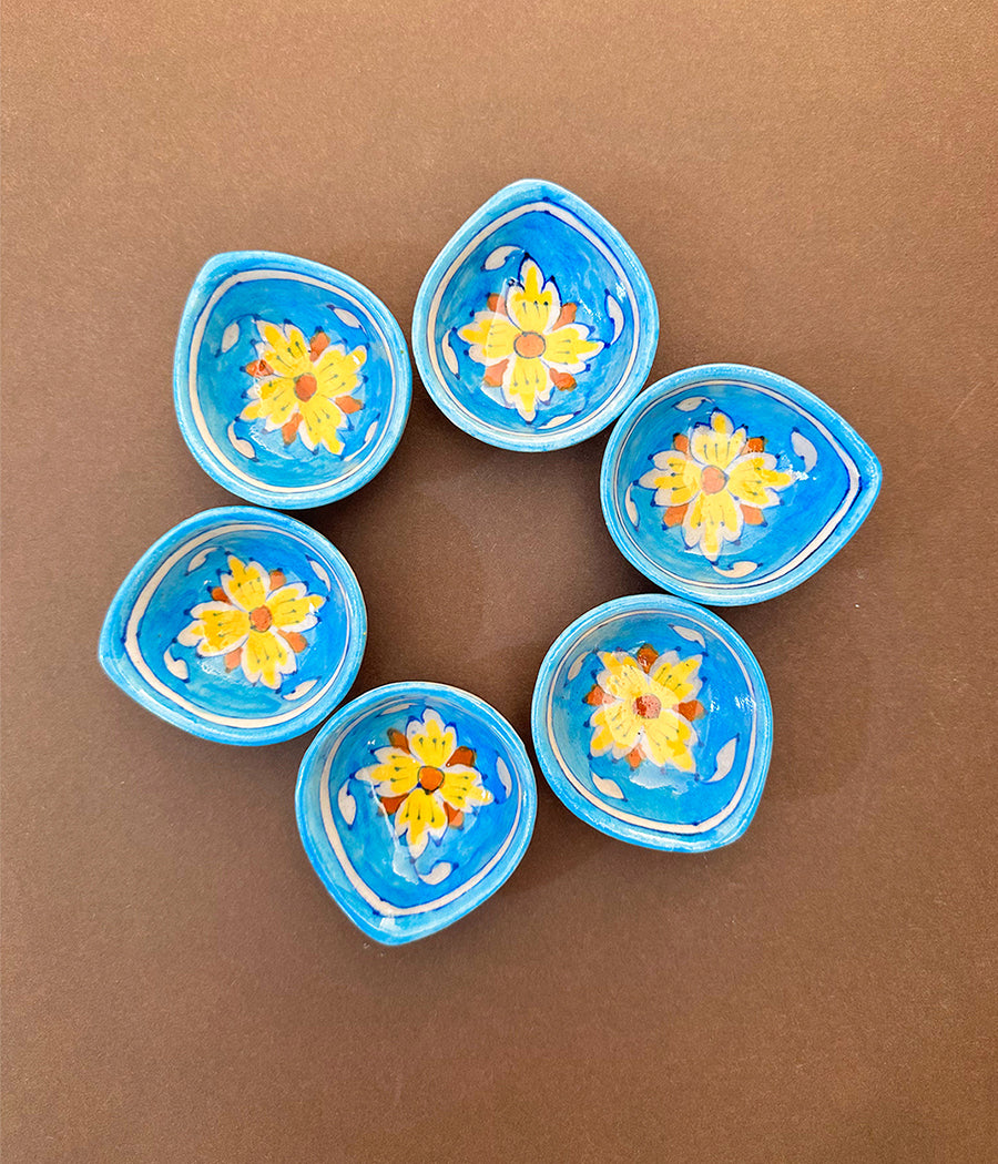 Blue Pottery Yellow Flower Diyas