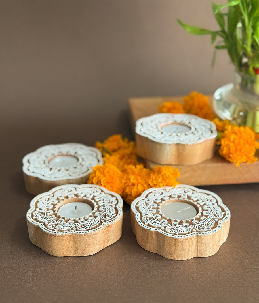 Enchanted Wooden Glow Diya - Set of 4