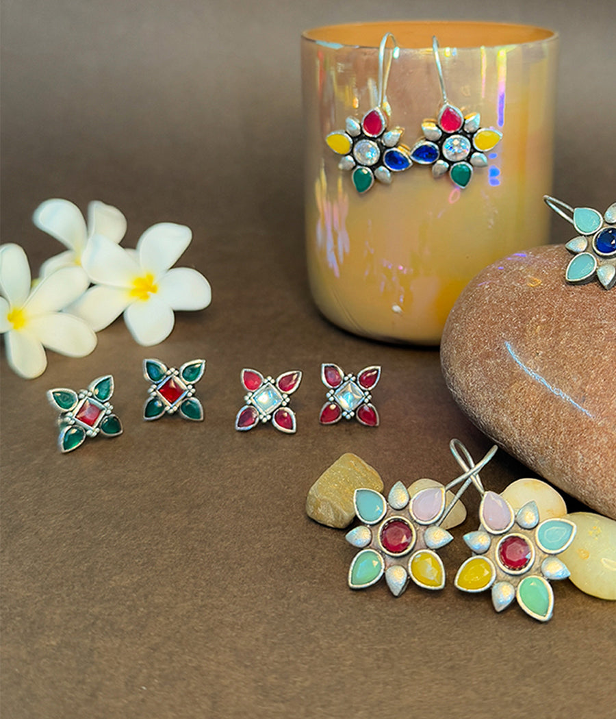 Floral Charm Enamel Earrings Set - Set of 5