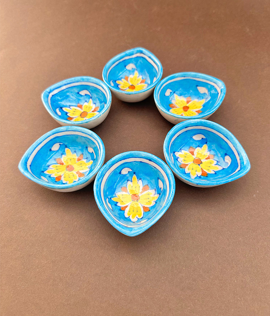 Blue Pottery Yellow Flower Diyas