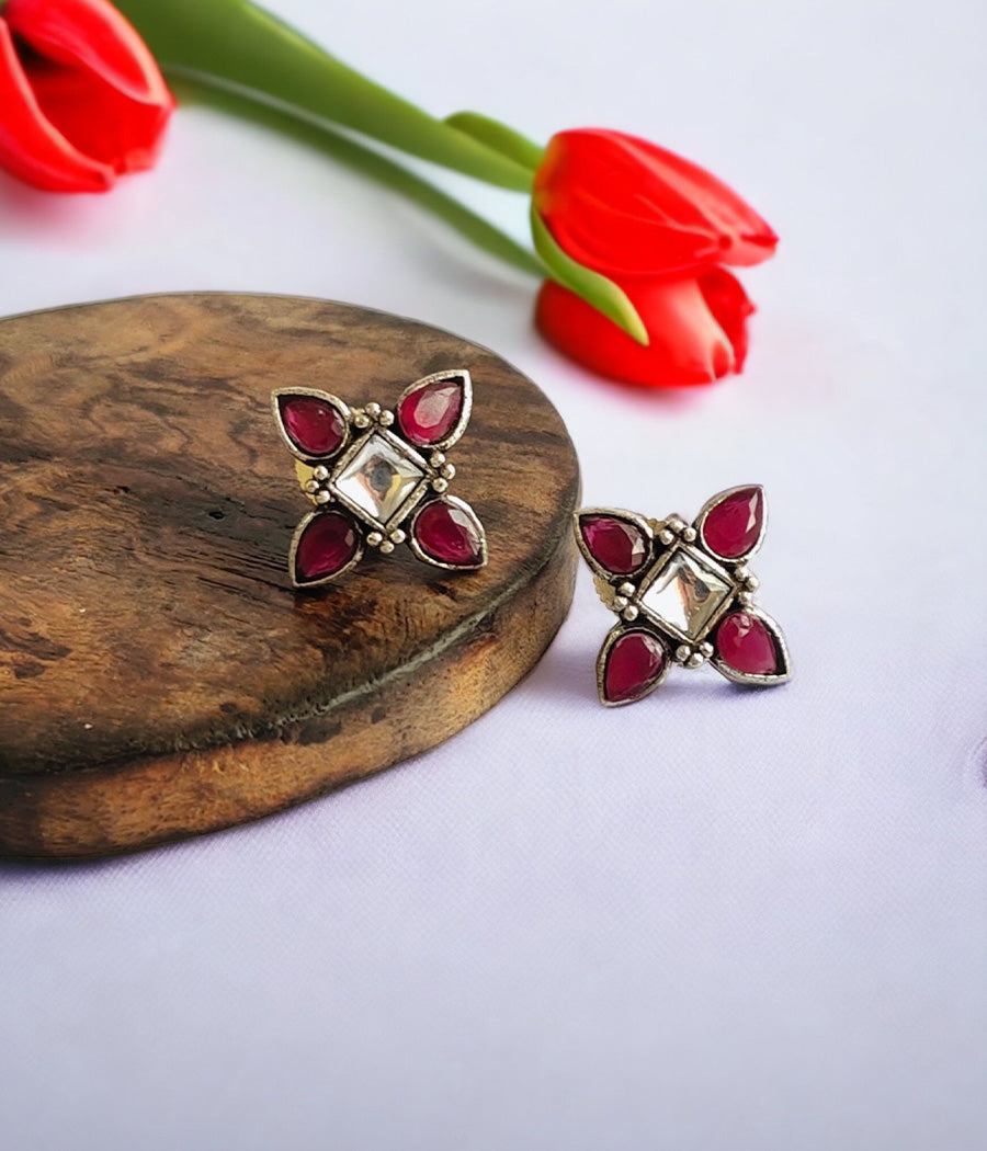 Snowy Ruby Petal Stud Earrings