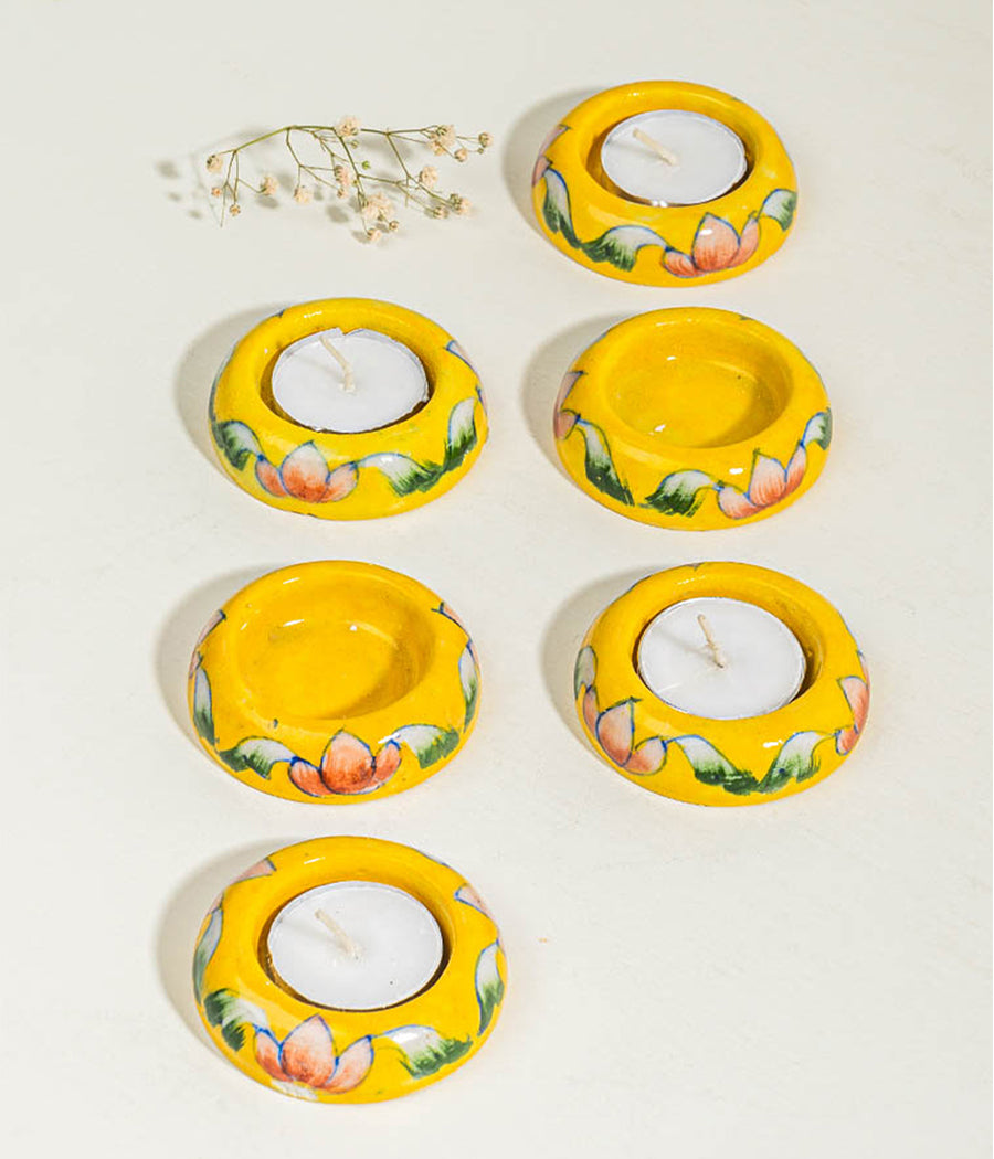 Blue Pottery Yellow Round Diya - Set of 6