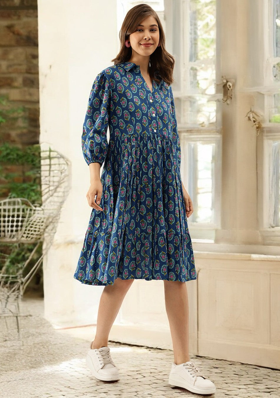 Blue Paisley Printed Cotton Dress for Women