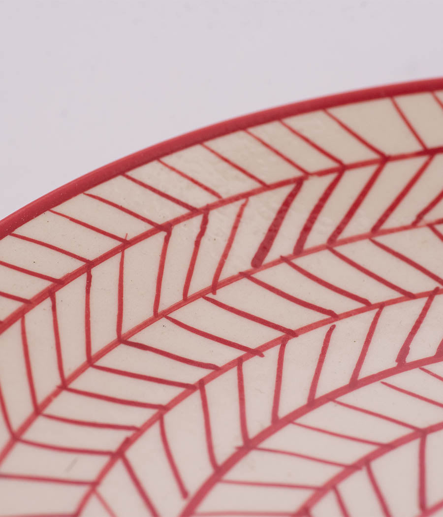 Strip Design White and Red Ceramic Platter - Set of 8