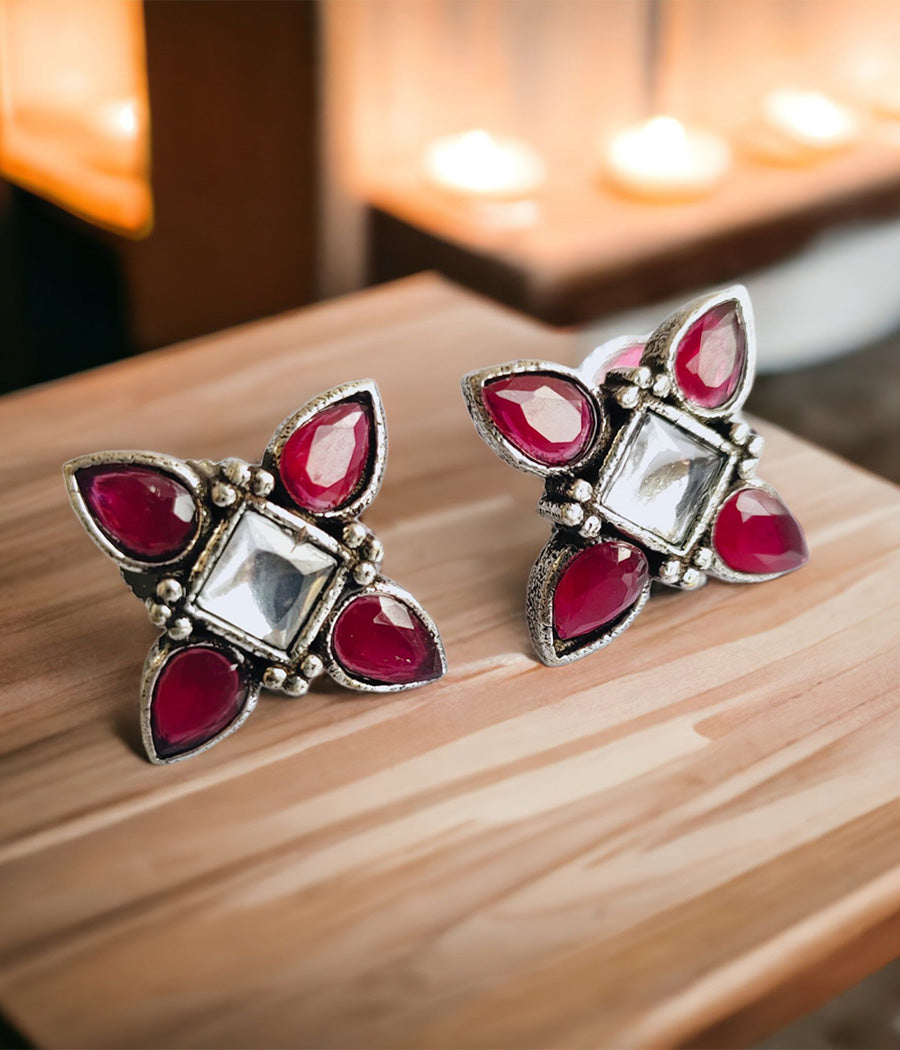 Snowy Ruby Petal Stud Earrings