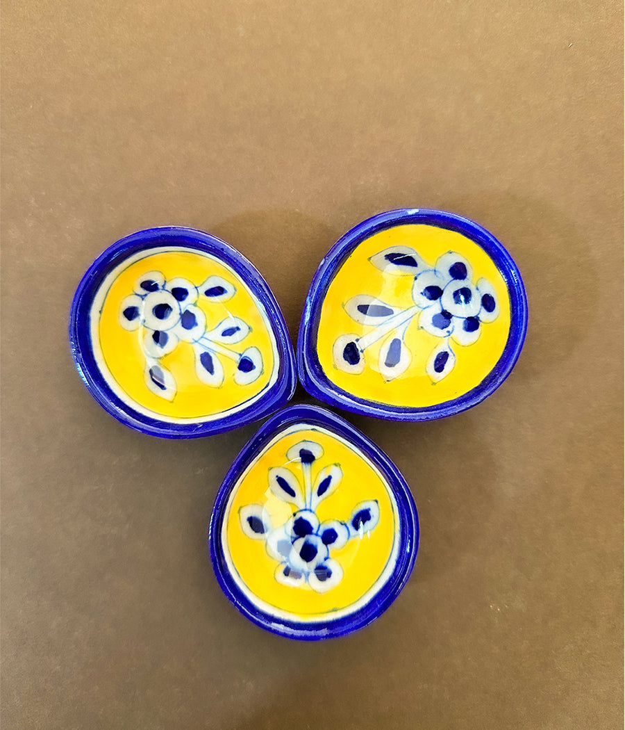 Blue Pottery Yellow Diya With Blue Flower - Set of 6