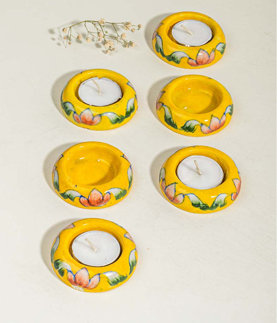 Blue Pottery Yellow Round Diya - Set of 6