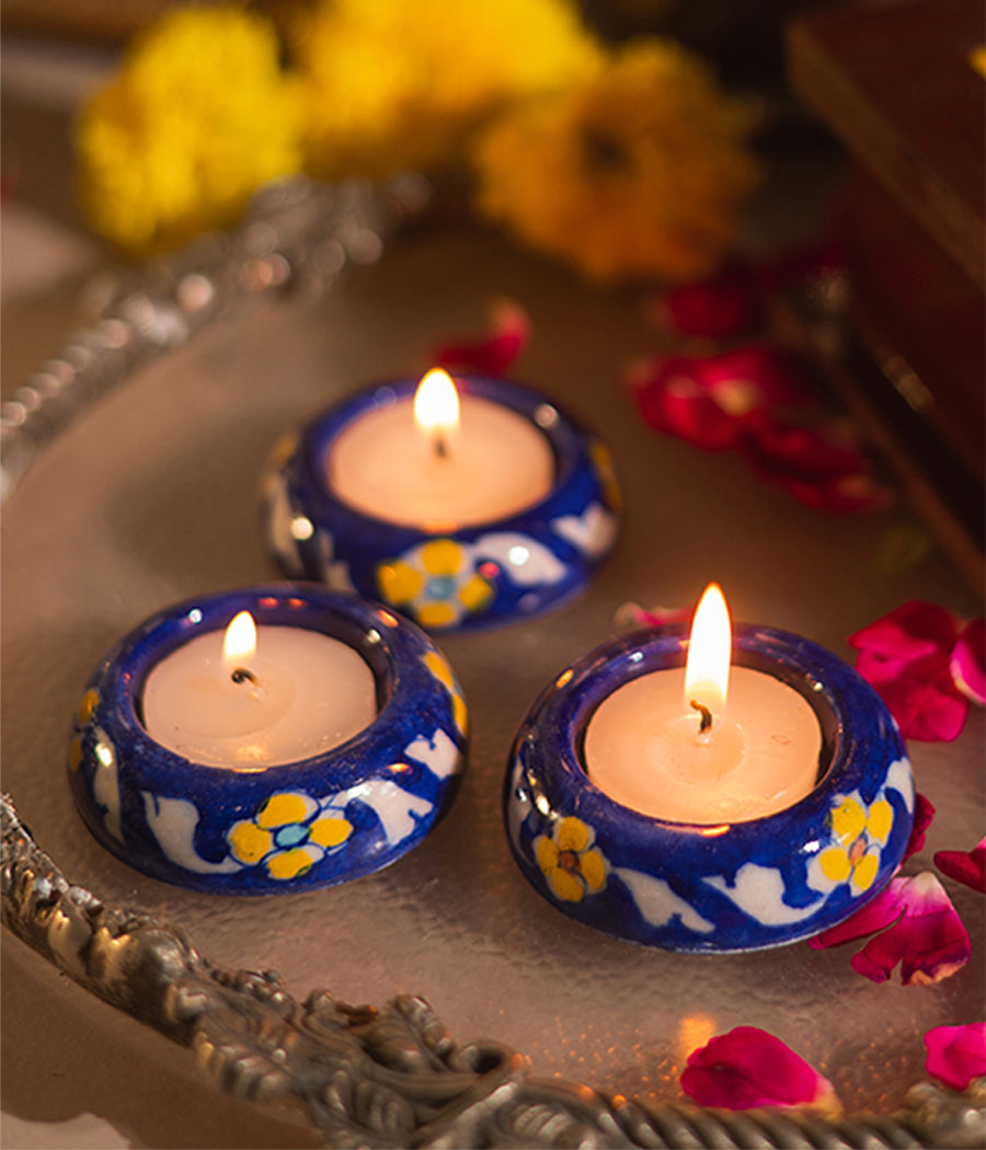 Blue Pottery Navy Floral Diya - Set of 6