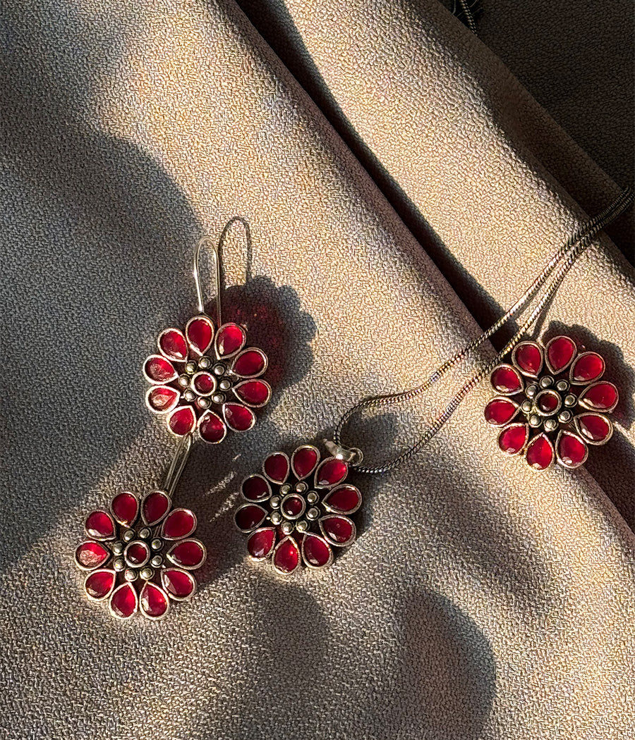 Ruby Blossom Pendant Set