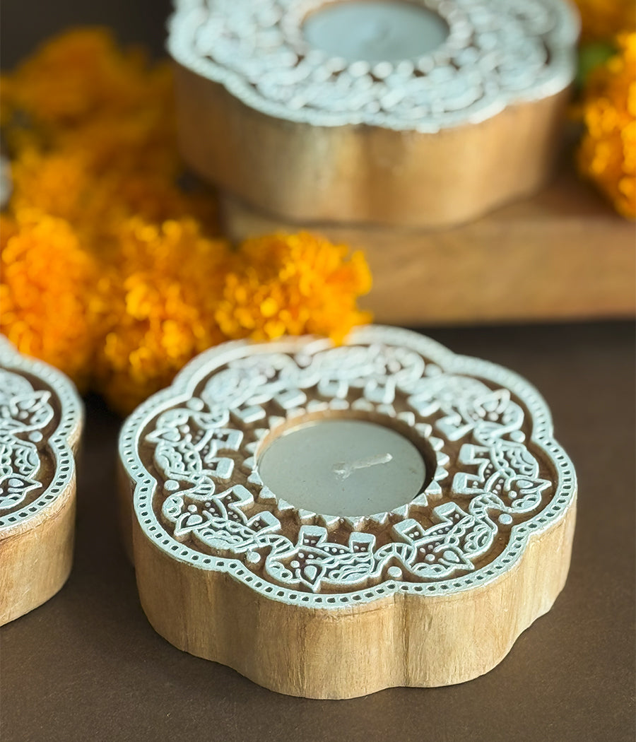 Enchanted Wooden Glow Diya - Set of 4