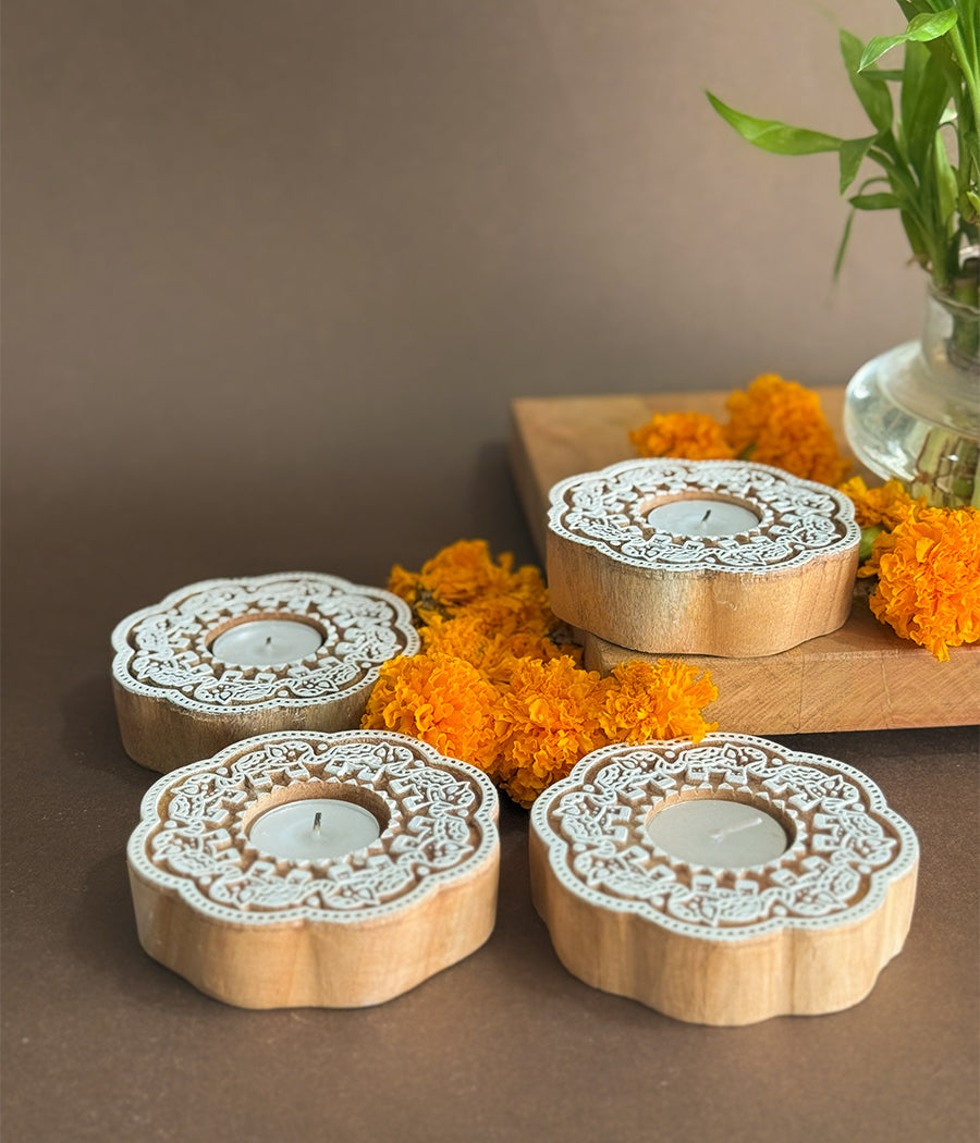 Enchanted Wooden Glow Diya - Set of 4