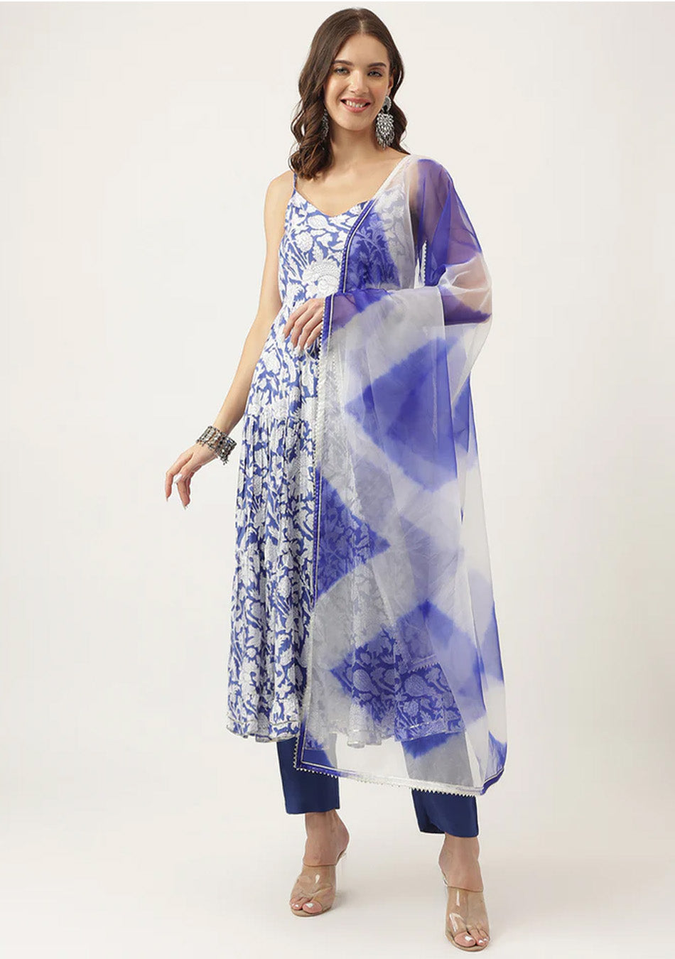 Blue Muslin Floral Printed Kurta, Trouser with Dupatta Set