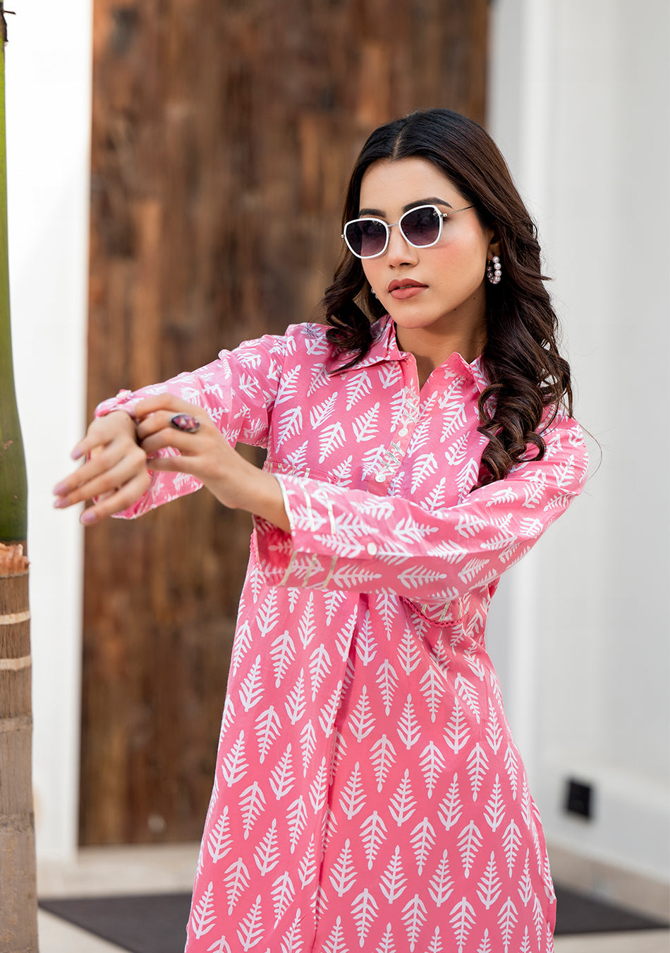 Pink Cotton Shirt Style Kurta Hem Cuffed Pant Co-ord Set