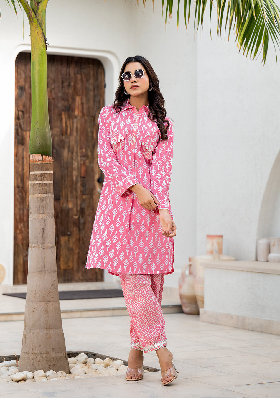 Pink Cotton Shirt Style Kurta Hem Cuffed Pant Co-ord Set