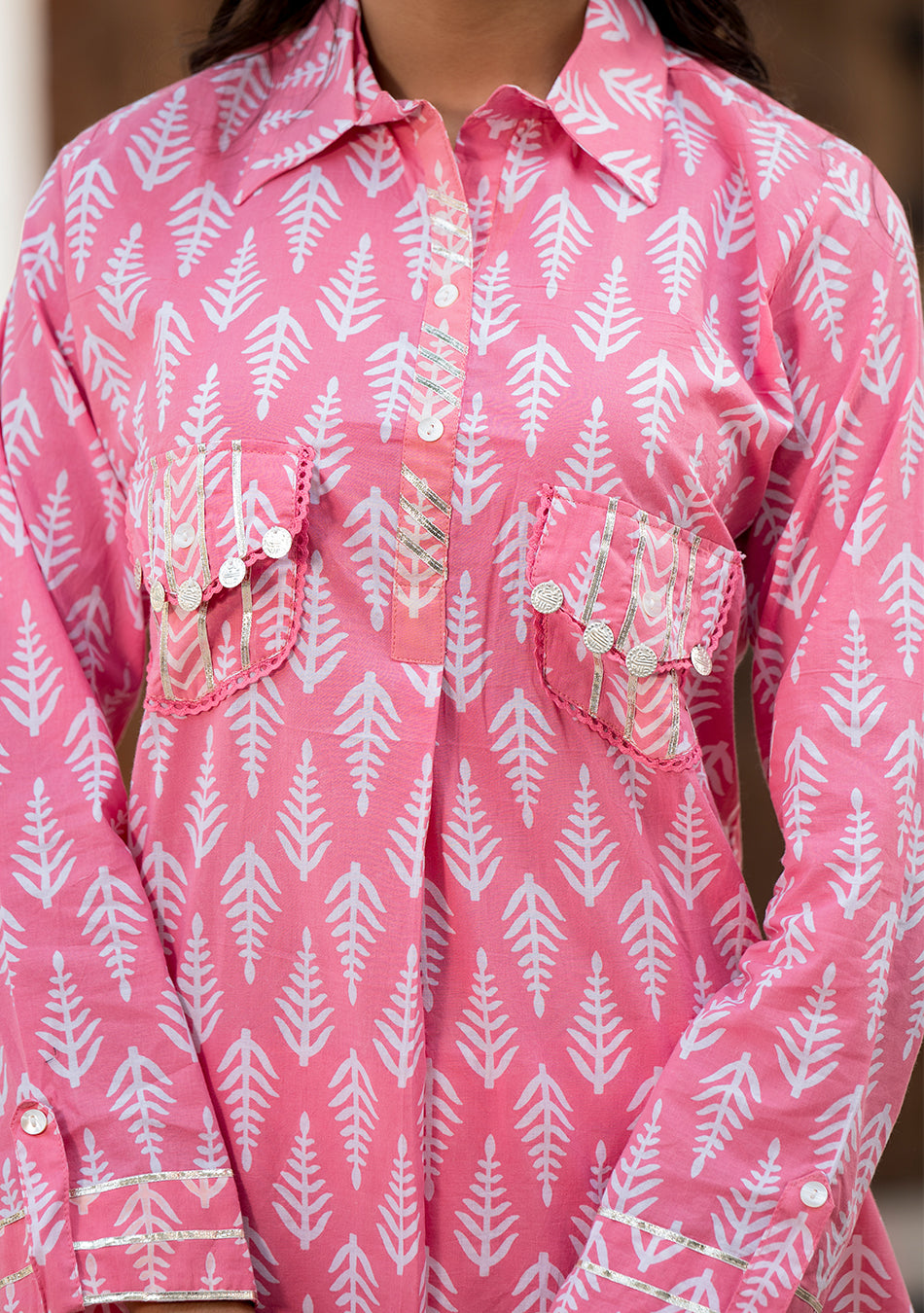 Pink Cotton Shirt Style Kurta Hem Cuffed Pant Co-ord Set