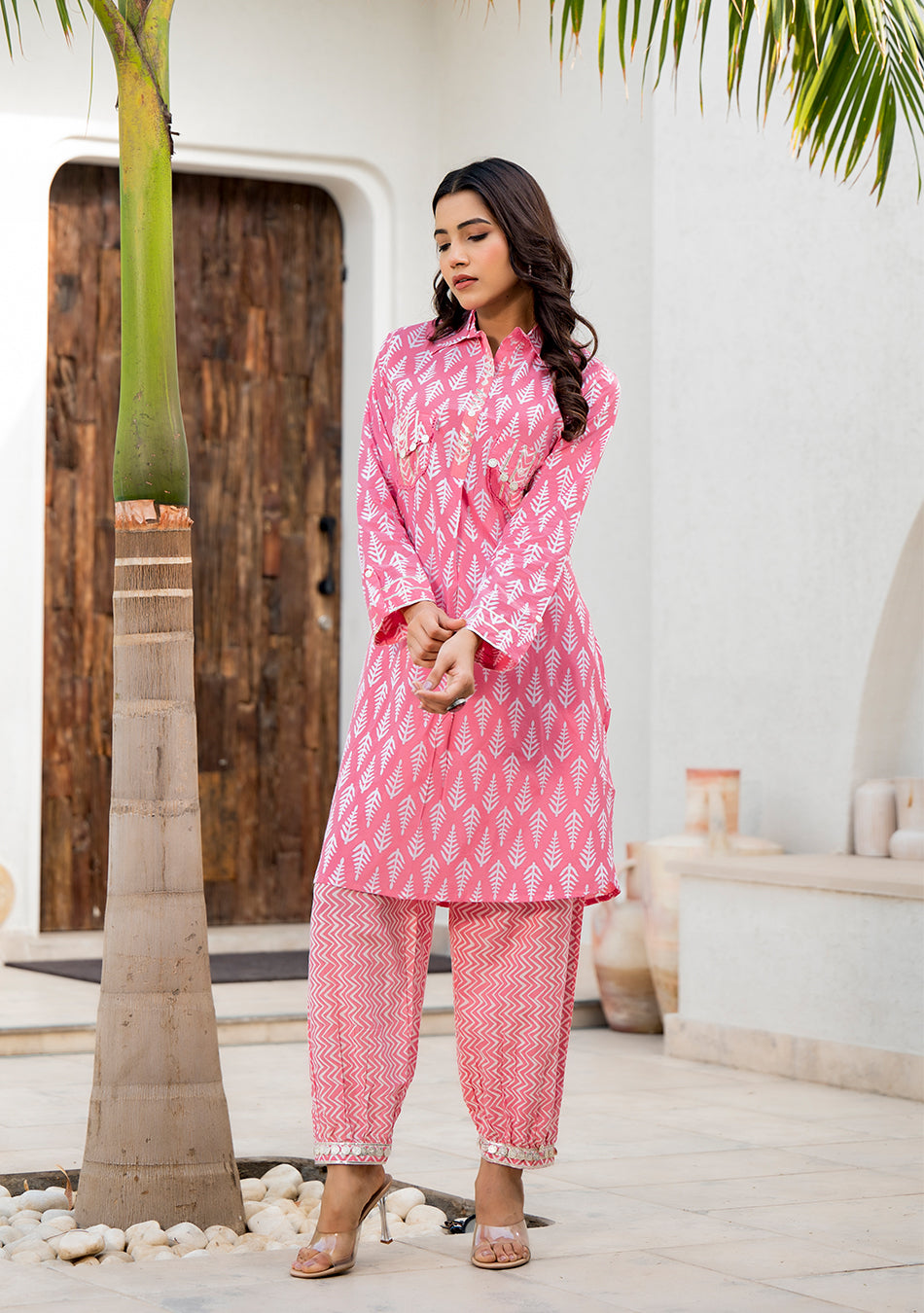 Pink Cotton Shirt Style Kurta Hem Cuffed Pant Co-ord Set