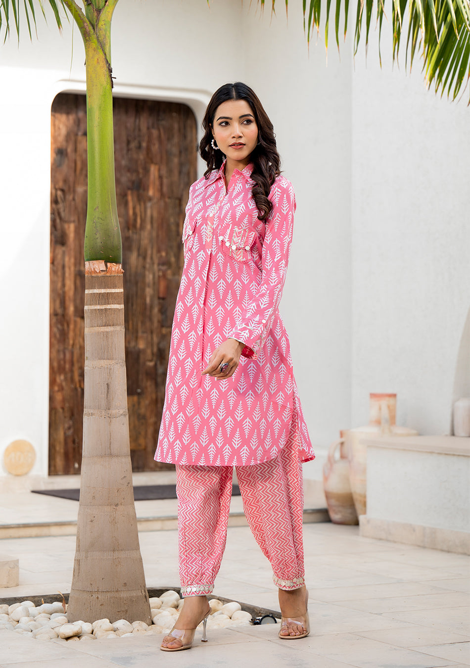 Pink Cotton Shirt Style Kurta Hem Cuffed Pant Co-ord Set