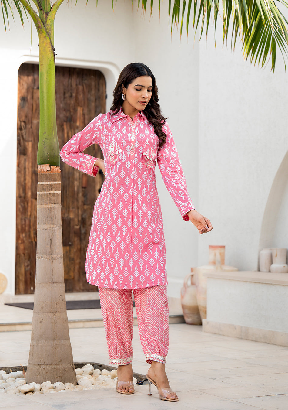 Pink Cotton Shirt Style Kurta Hem Cuffed Pant Co-ord Set