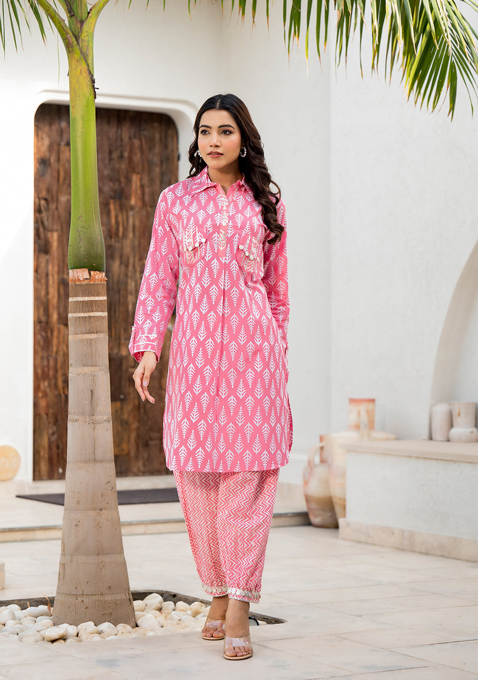 Pink Cotton Shirt Style Kurta Hem Cuffed Pant Co-ord Set