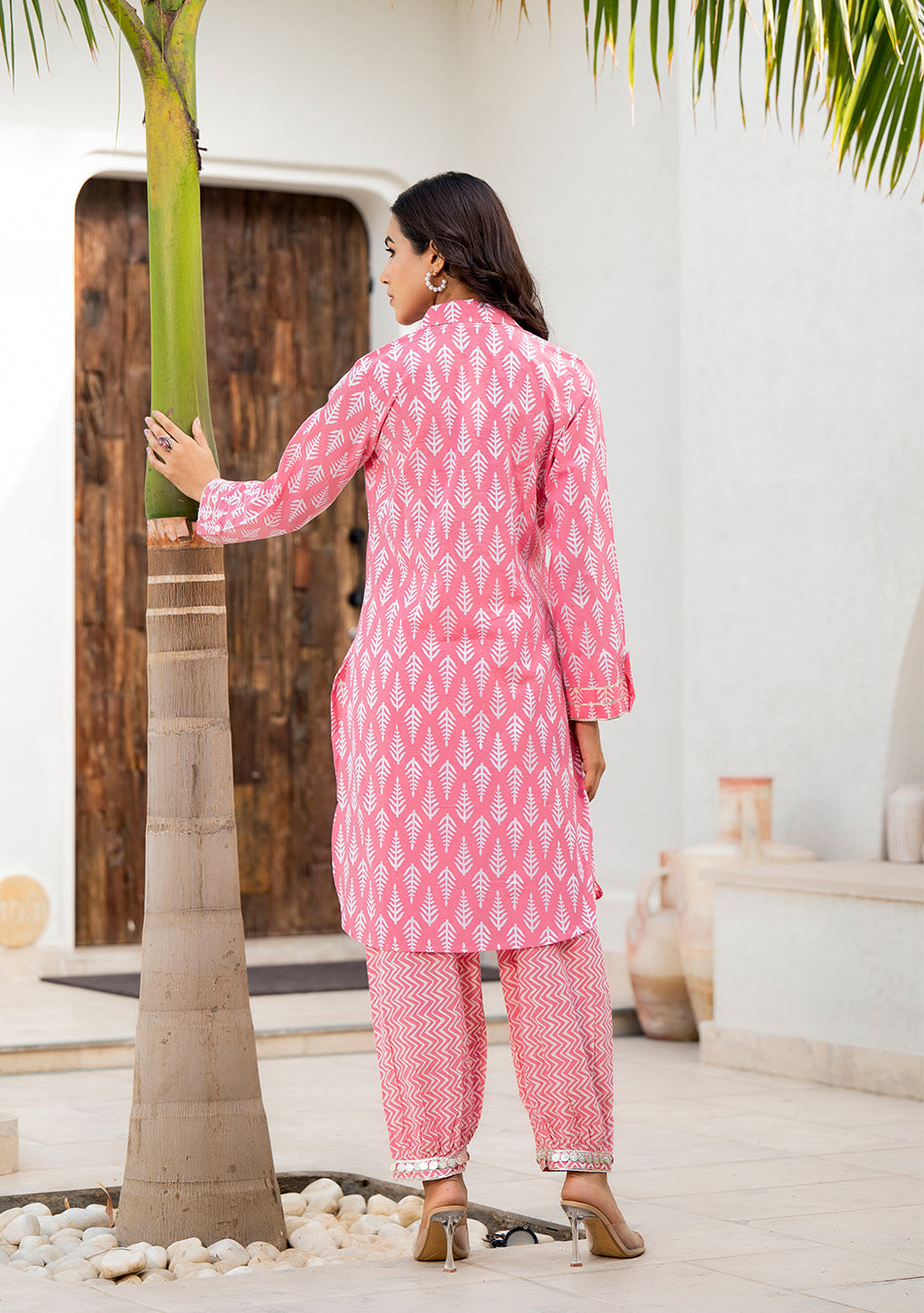 Pink Cotton Shirt Style Kurta Hem Cuffed Pant Co-ord Set