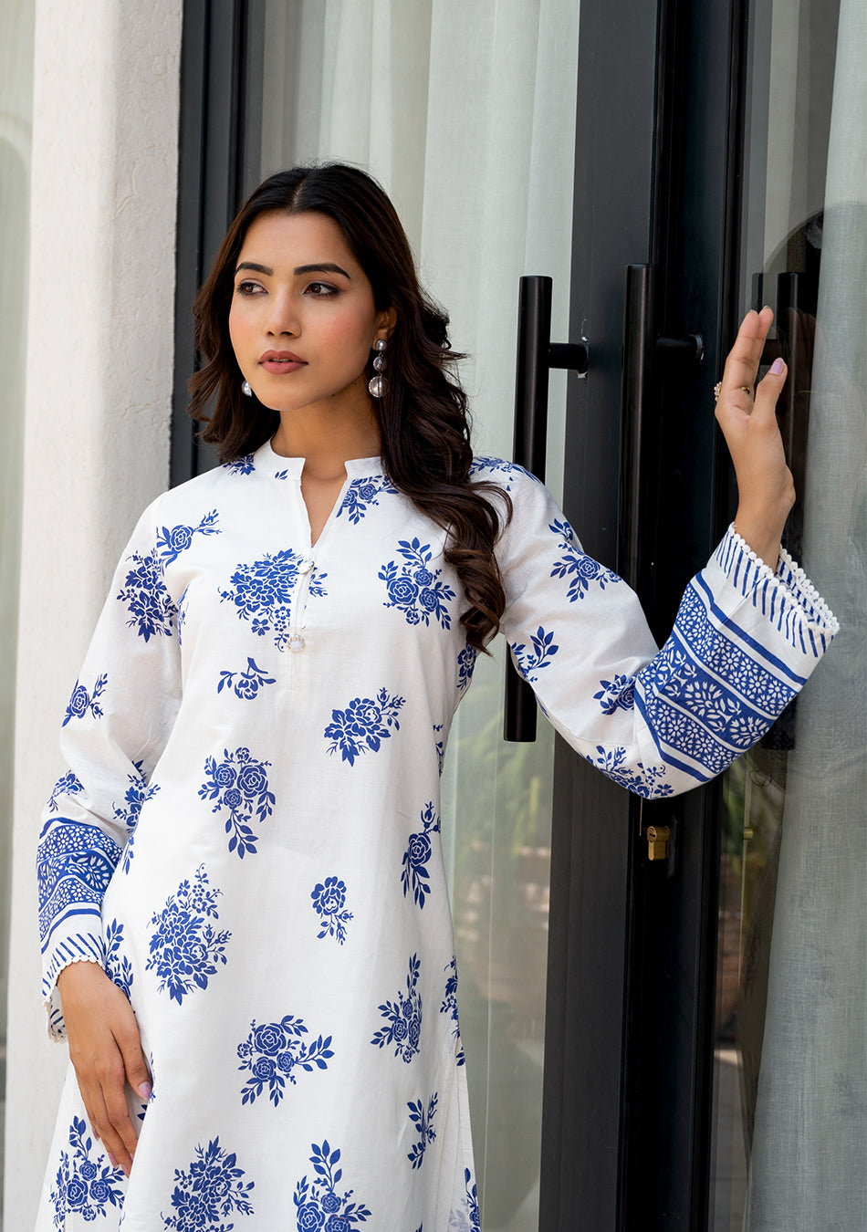 White Floral Printed Straight Kurta With Tulip Pant