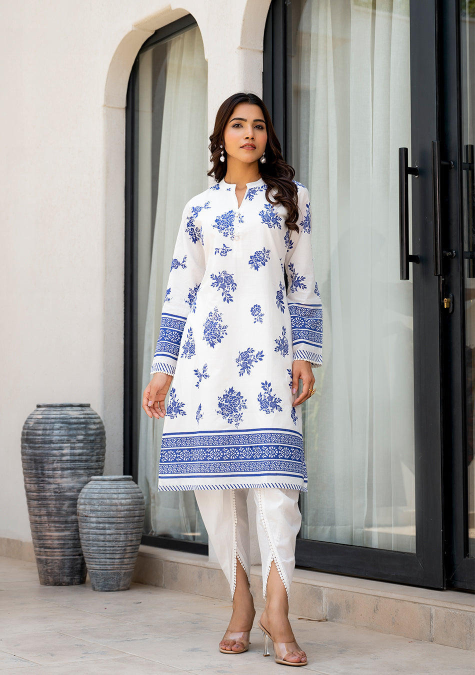 White Floral Printed Straight Kurta With Tulip Pant