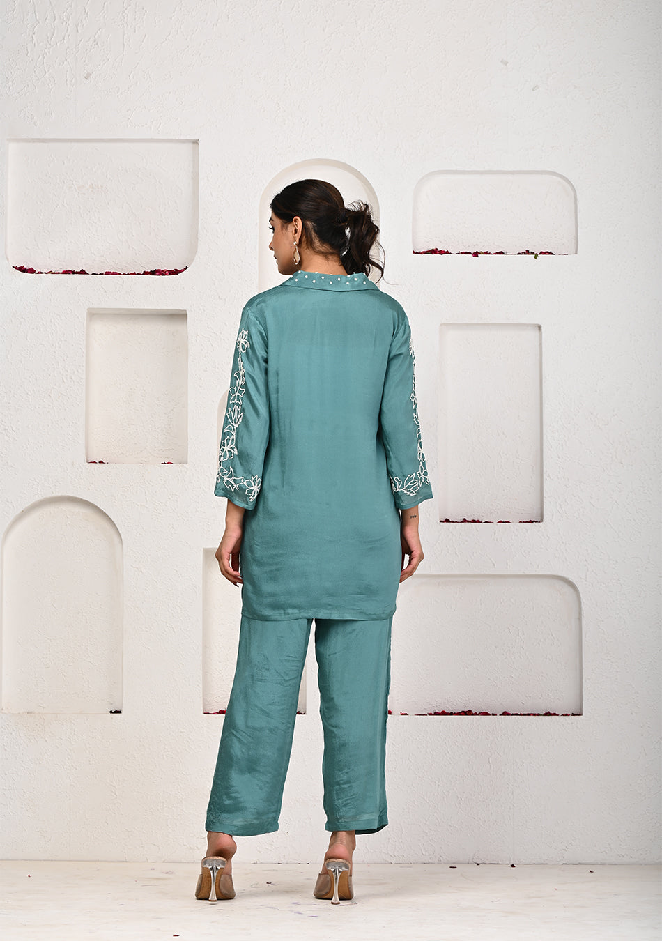 Teal Blue Chinon Co-ord Set with Hand Embroidery