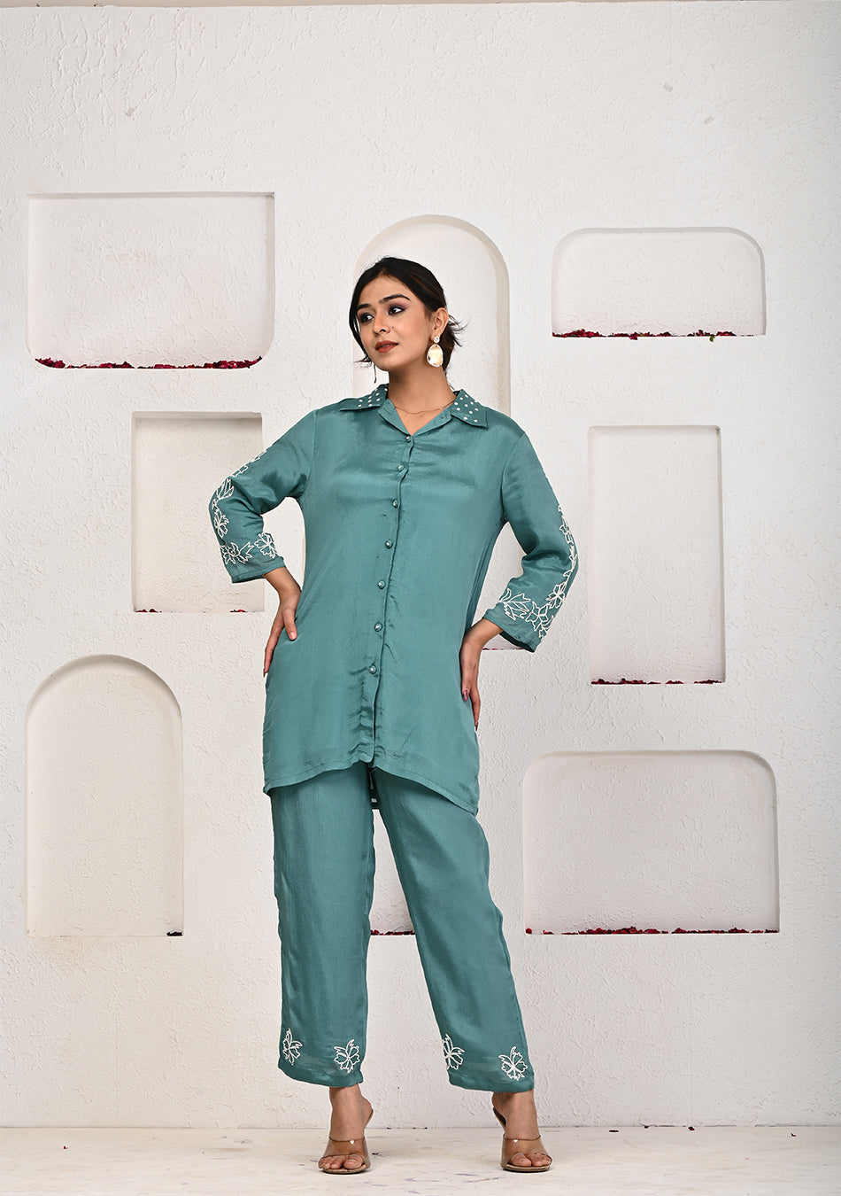 Teal Blue Chinon Co-ord Set with Hand Embroidery