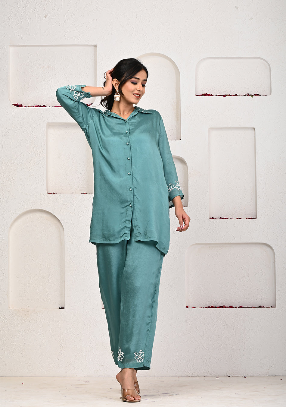 Teal Blue Chinon Co-ord Set with Hand Embroidery