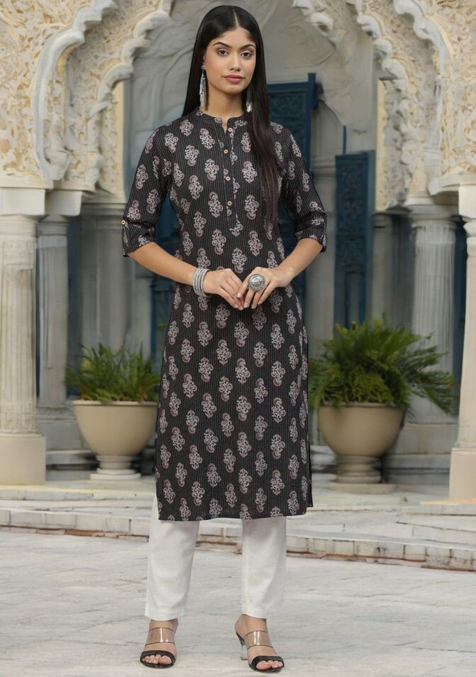 Black and Grey Cotton Straight Kurta