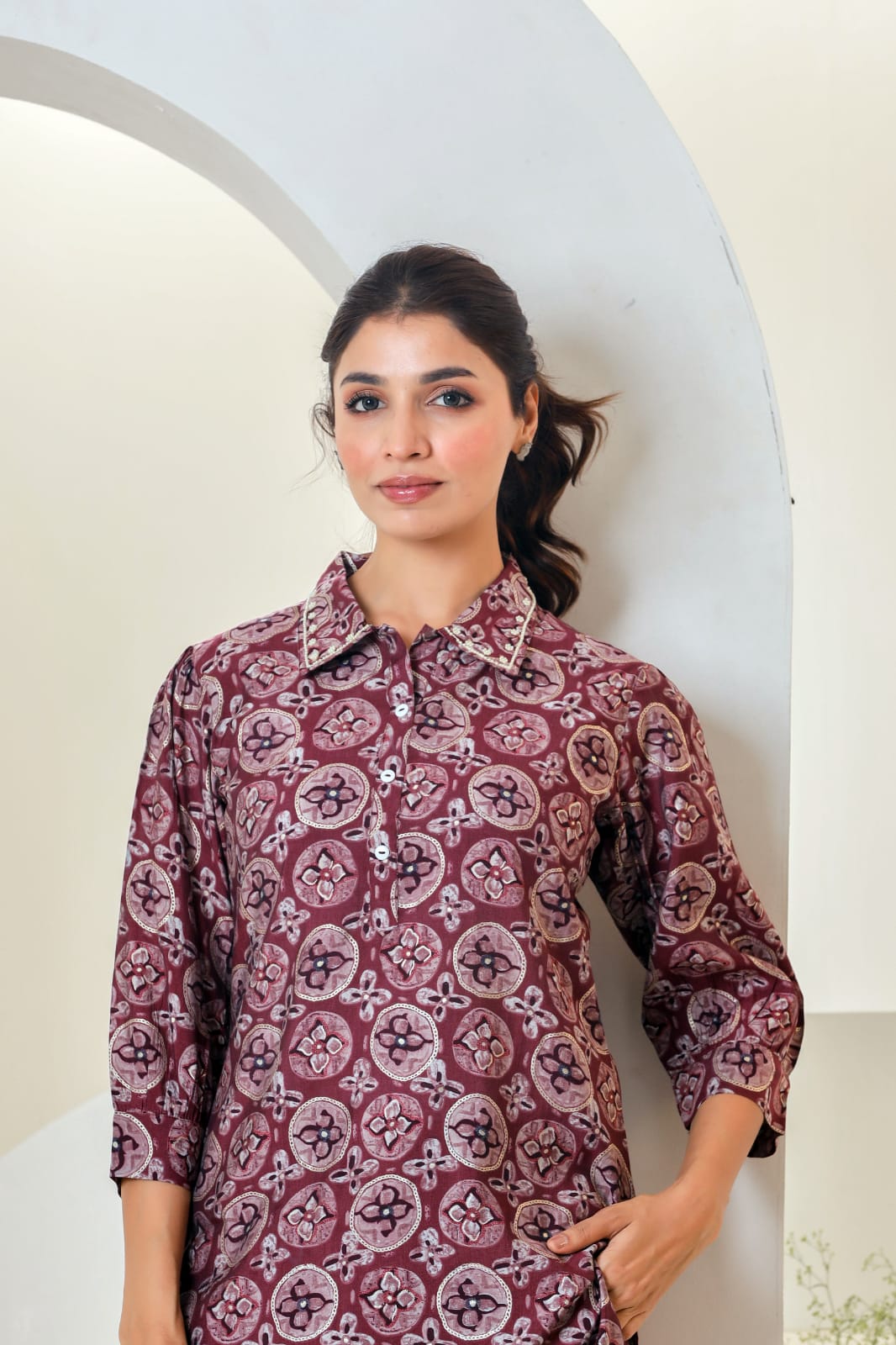 Maroon Print Muslin Kurta With  Hem  Cuffed Pant Set