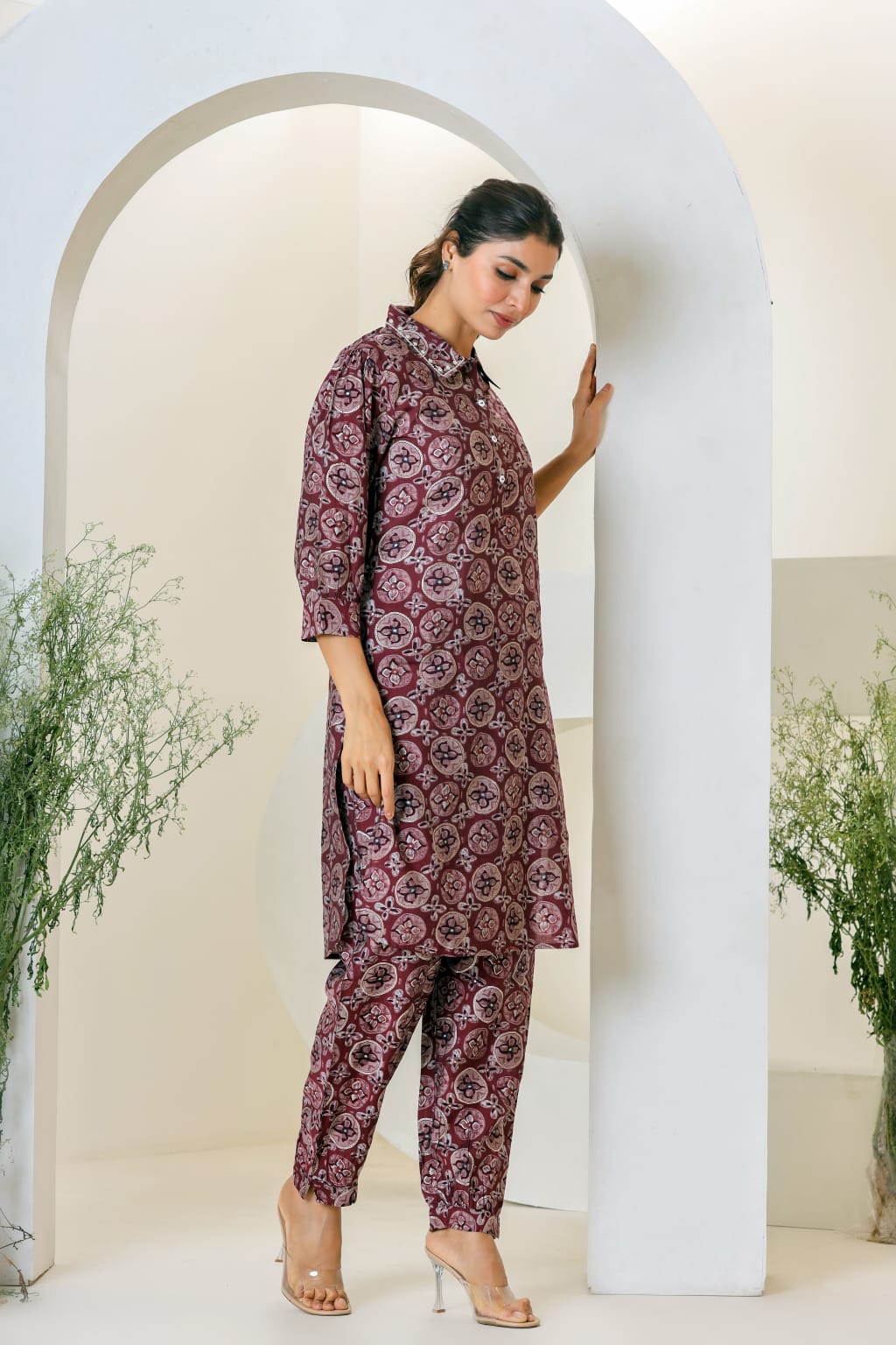 Maroon Print Muslin Kurta With  Hem  Cuffed Pant Set