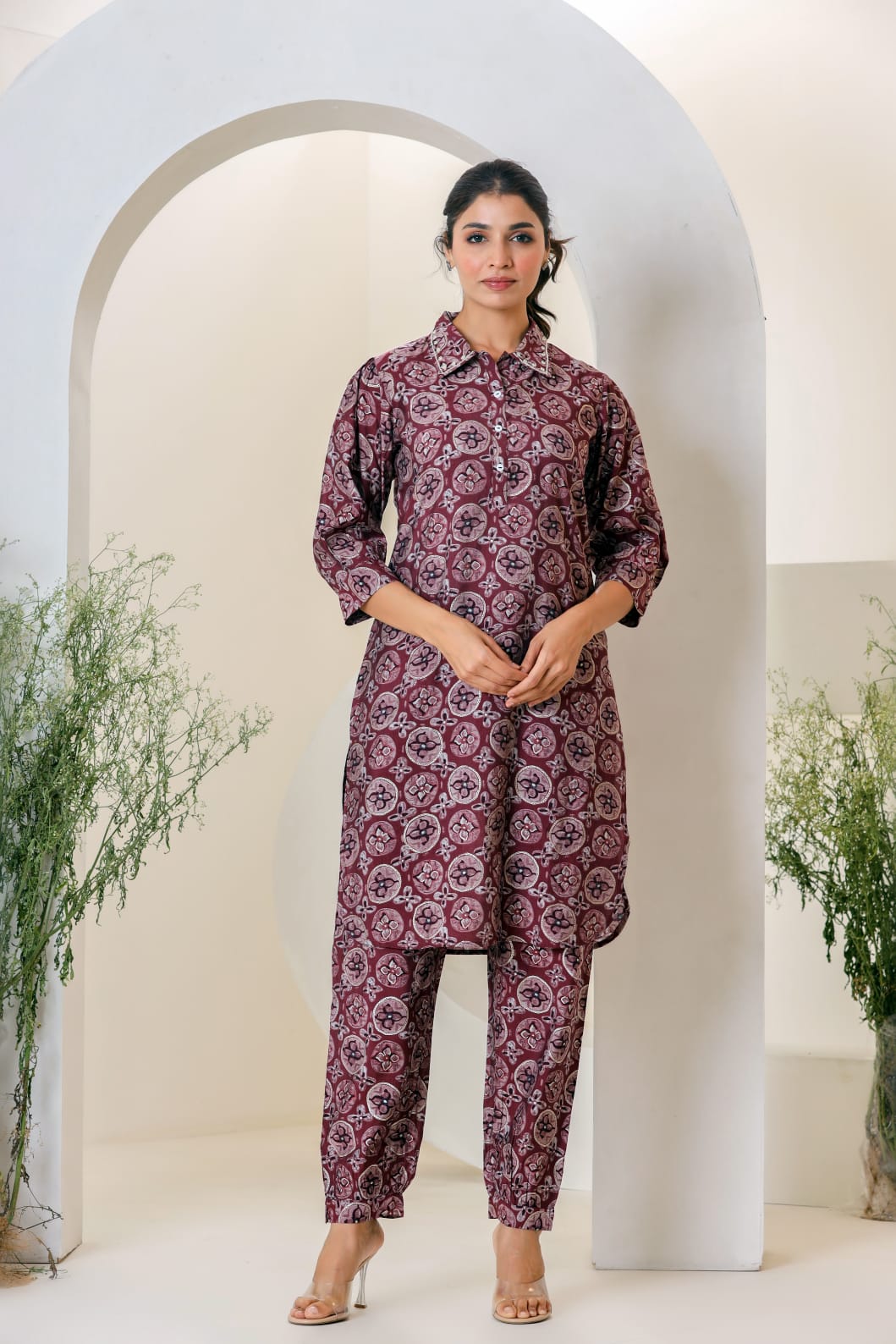 Maroon Print Muslin Kurta With  Hem  Cuffed Pant Set