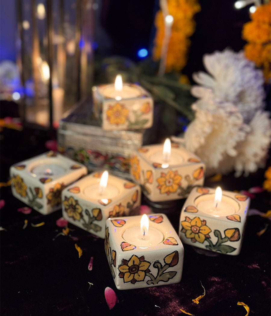 White Diya with Yellow Floral  Design -  Set of 6