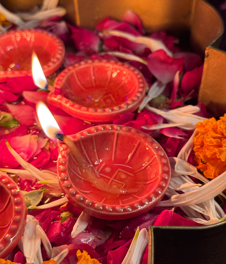 Pink Swastik Diya - Set of 6