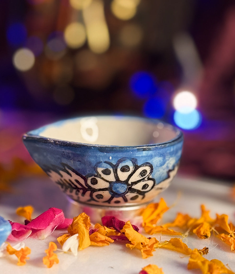 Blue Hand Painted Ceramic Diya - Set of 6